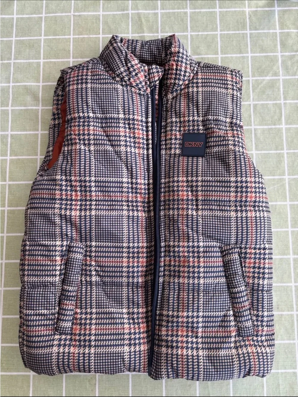 DKNY Girls' Plaid Puffer Vest in Navy & Pink